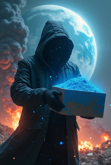 Hacker holding blue washing powder while the Earth is exploding in the background.