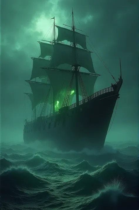 "A large, eerie ship stranded at sea under a dark, stormy sky. The ship looks old and abandoned, with tattered sails and broken masts. Ghostly figures are faintly visible around the deck, giving an ominous, haunting feel. The sea around the ship is turbule...