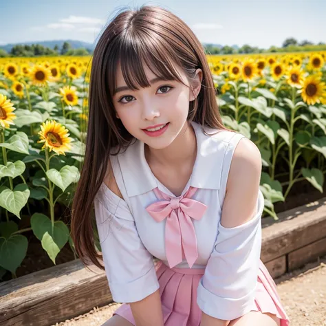 laughing out loud，Pink short pleated skirt, In the sunflower field，Wearing a white sailor suit，white shirt，(knee shot) ,pink bow tie，Pink navy collar，1 female, On the face, light brown hair, blunt bangs, hair behind ears, Shoulder-length hair, long hair, S...