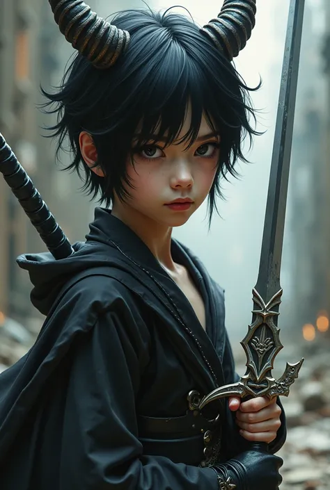 Young human body dark hair black eyes two swords with horned demon features 