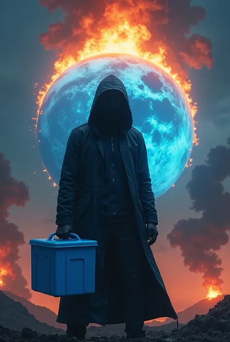 Hacker holding blue washing powder while the Earth is exploding in the background.