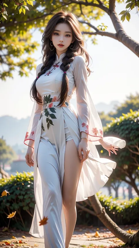 ulzzang-6500-v1.1, (RAW photo: 1.2), (Real photo), (Real photo: 1.4), 1 girl、Perfect anatomy、1 , Looking at the camera、Medium length hair、side braid, Vietnamese ao dai, walking under a tree with many fallen leaves, in the sunset, ((under a tree with many f...