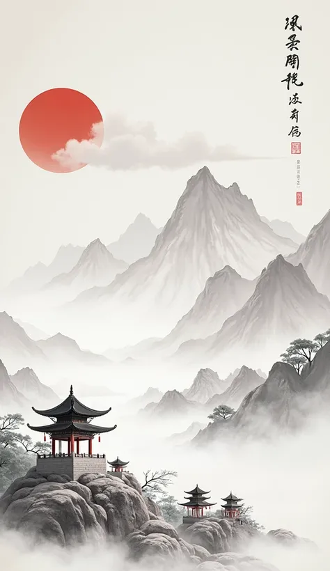 Chinese style，Mountain，cloud，architecture，abstract，Ink Painting，Elegant，Leave white space in the middle of the screen