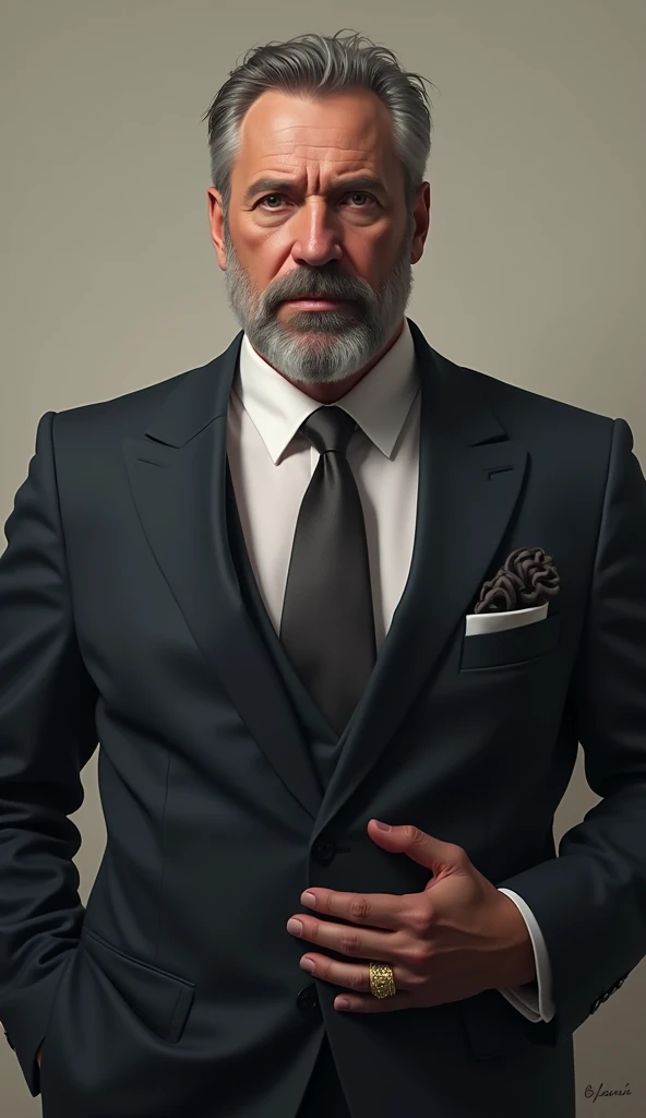 Victor is a tall, middle-aged man in his late 40s, always dressed in luxurious garments. His tailored suits are made of fine fabrics, and he often wears a gold ring to symbolize his success. He has a neatly trimmed beard and a stern, serious expression, wi...