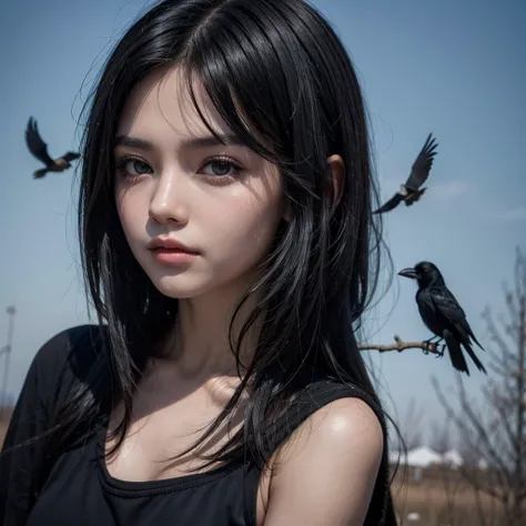 Black haired girl with crows around