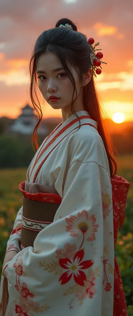 1579 years,Front view , ((whole body,Standing in the garden), The Azuchi-Momoyama Period of Japan, View your viewers, Beautiful Japanese Woman,Her name is Hosokawa Graci, Front view , ((Full-body, standing on garden), a Japanese ancient girl, looking at vi...