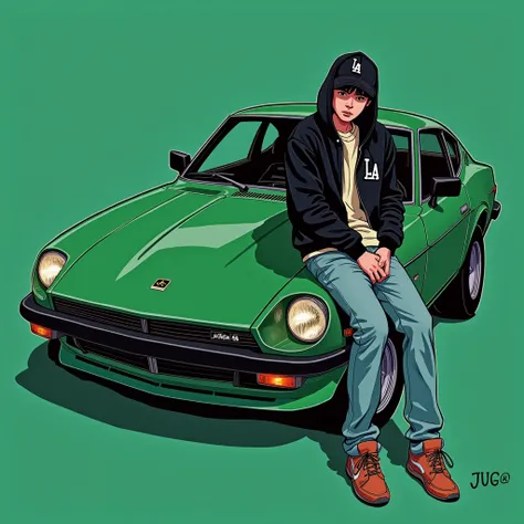 
Image of a man sitting on the bonnet of a car, Yoshihiko Wada&#39;s album cover, winner of the behance contest, Doodle, official artwork, rap album cover, hip - hop album art cover, colored album art, hip hop music album cover, rap album cover art, offici...