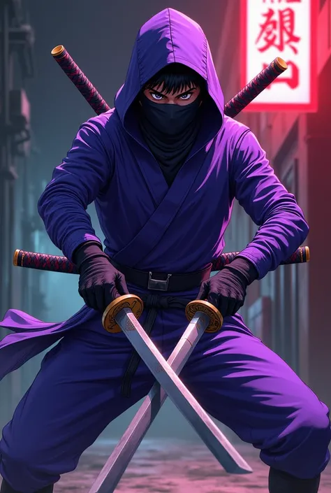 Create a purple anime ninja with three katanas and samurai hat