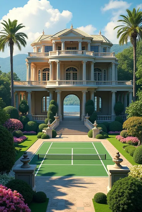 Clubhouse with stilt structure, fountains and tennis court