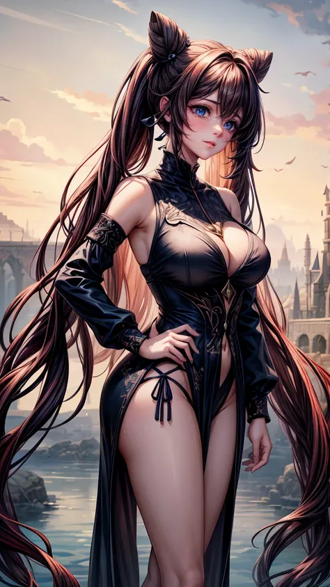 Best quality, masterpiece, ultra high res, raw photo, beautiful and aesthetic,deep shadow, fantasy theme,(ultra detailed:1.3),
1girl, standing pose, Realistic, cute girl, super long hair, hair, keqingcos, doublebun, hair ornament, braid, thick hair, black ...