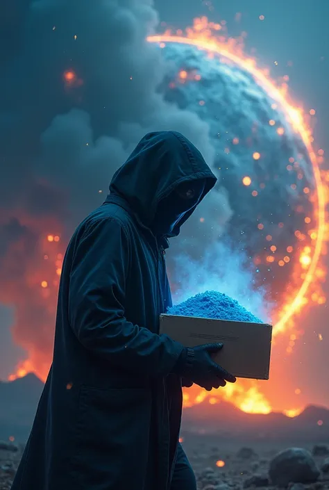 Hacker holding blue washing powder while the Earth is exploding in the background.