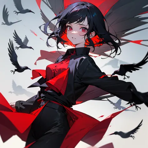 Scary black haired girl with crows around her in red blouse 