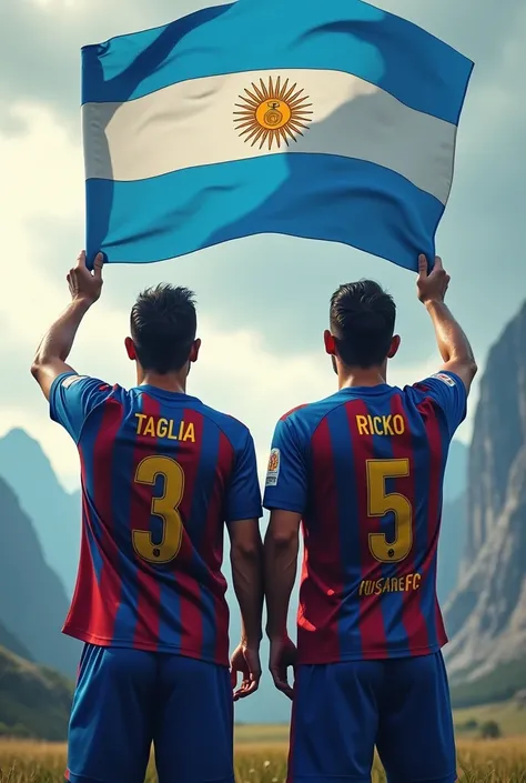 I want an image of the Argentine footballers wearing the Barcelona FC shirts raising the Argentine flag, the one with the number 3 with the name Taglia and the one with the number 5 with the name Ricko and below the number INSANE FC with an epic landscape
