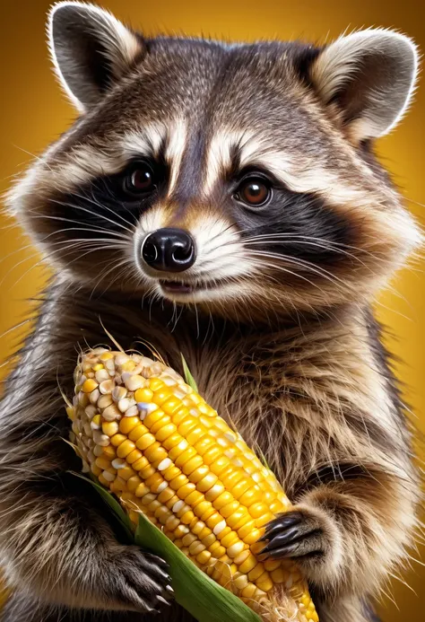 a fat raccoon holding corn in its hands, beautiful detailed fur, whimsical, cute expression, photorealistic, 8k, best quality, detailed, natural lighting, studio lighting, vibrant colors, detailed textures