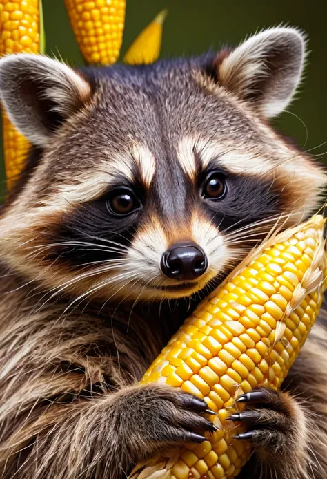 a fat raccoon holding corn in its hands, beautiful detailed fur, whimsical, cute expression, photorealistic, 8k, best quality, detailed, natural lighting, studio lighting, vibrant colors, detailed textures