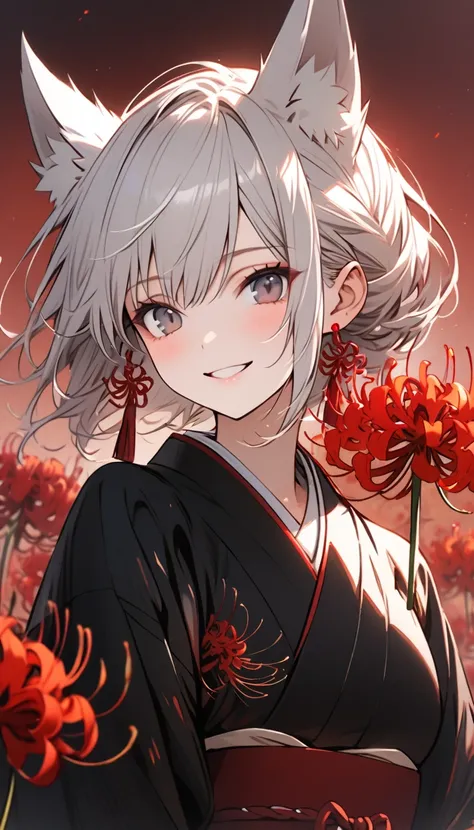 Solitary, 1 female, White hair, black eyes, Black Kimono, Fox ears, Smiling face, Red spider lily, Red spider lily, Red tassel earrings