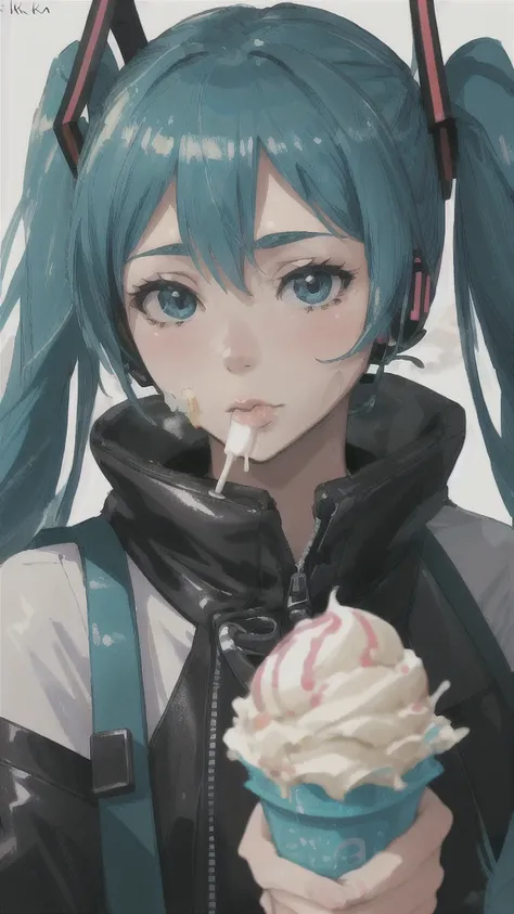 deep throat, Eating ice cream,  Dirt on face, hatsune miku, Smoking ice cream,  (8k, RAW Photos, Highest quality, Ultra-high resolution, Realistic, masterpiece, Very detailed, Unreal Engine)