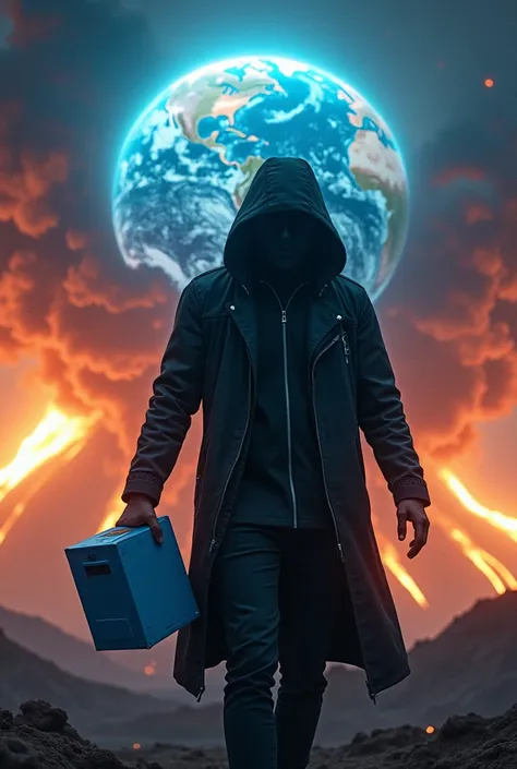 Hacker holding blue washing powder while the Earth is exploding in the background.