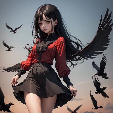 Scary black haired girl with crows around her in red blouse 