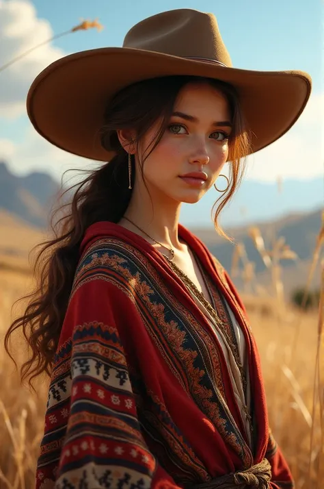 Brown haired female wearing poncho and long brimmed hat
