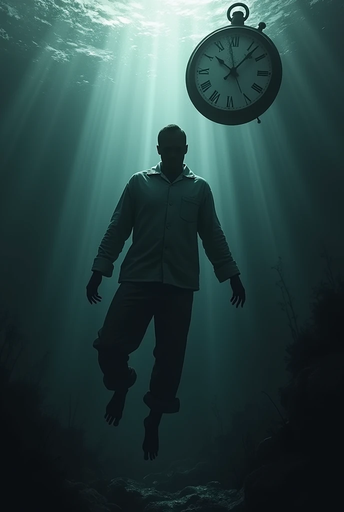 Silhouette of man in pajamas dramatically sinking to the bottom of the water with an old, broken clock in the background 
