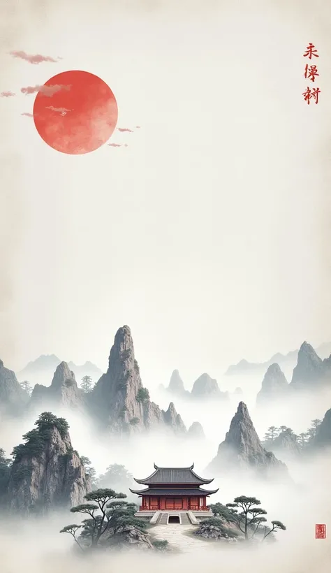 Chinese style，Mountain，cloud，pavilion，Ink Painting，Elegant，Magnificent momentum，Leave white space in the middle of the screen，element