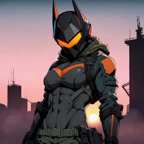 (masterpiece), best quality, high detailed, Male, full-face helmet. matte black helmet with a smooth, curved surface, DC_Deathstroke_helmet, Jason toods helmet, Black and grey bodysuit, tight shirt, Open Cropped Jacket, Dark green jacket. webbing rig, Dark...