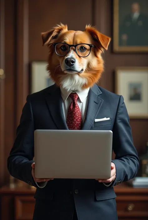 dog wearing glasses, a suit and holding a laptop