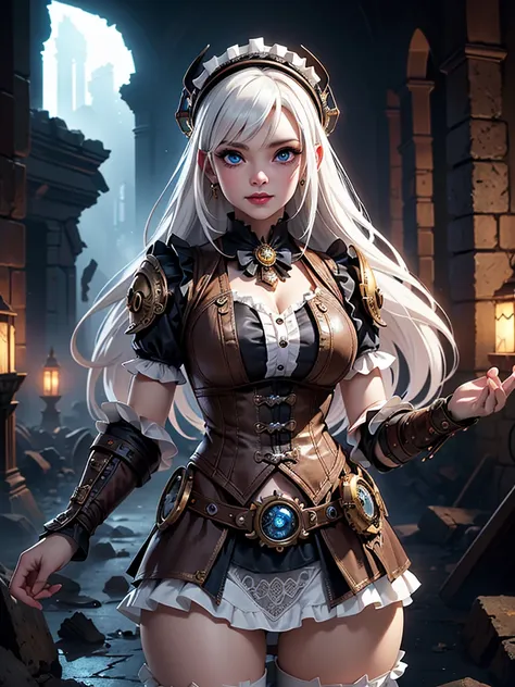 in the context of a fantastic steampunk city, (white lolita steampunk mini skirt :1.4) ,(miniskirt white Lolita sexy :1.4),(long white gray hair :1.4), expressive eyes, perfect face, dynamic scene, dynamic light, high quality, Digital paint, golden ratio, ...