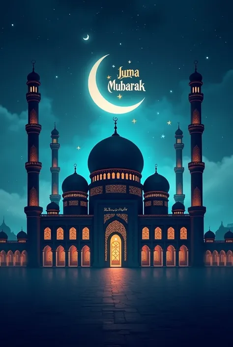 A beautiful mosque and moon behind the mosque. And a text write " Juma Mubarak " with stylish form.