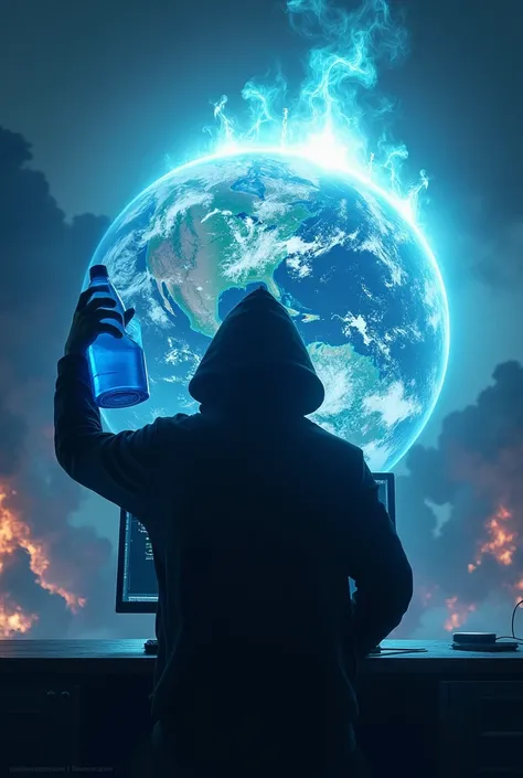 Hacker holding blue laundry detergent as the Earth is exploding