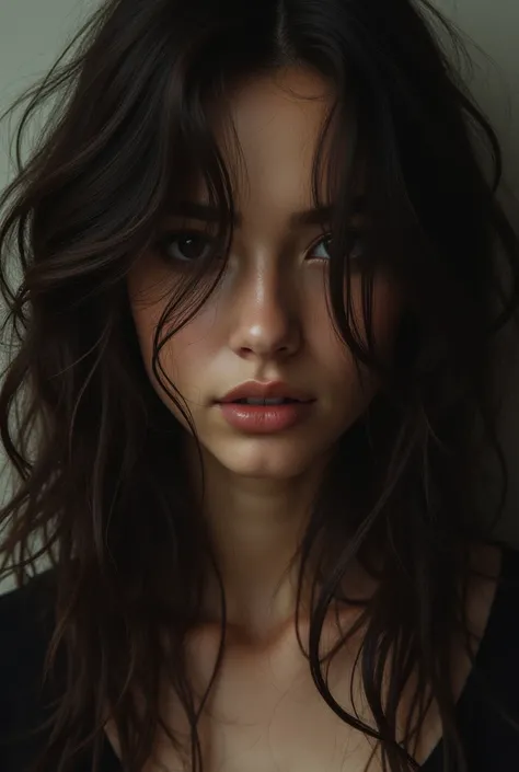 woman with dark brown wavy hair, covering her face dramatically