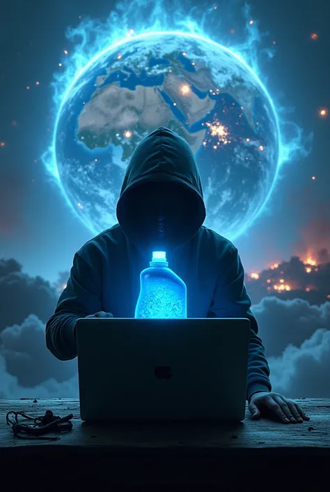 Hacker holding blue laundry detergent as the Earth is exploding