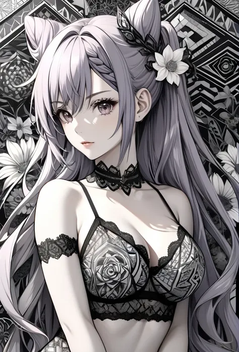 Keqing, genshin inpact, absurdres,highres,ultra detailed,ultra-detailed background,detailed background,extremly detailed,1girl,bunch of flowers,(zentangle:1.2),(geometric:1.2) black and white color palette, monochromatic, big , cleavage, sideboob, lingerie...