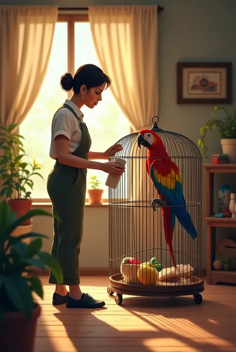 35 year old Mexican cleaning lady, cleaning a parrot&#39;s cage