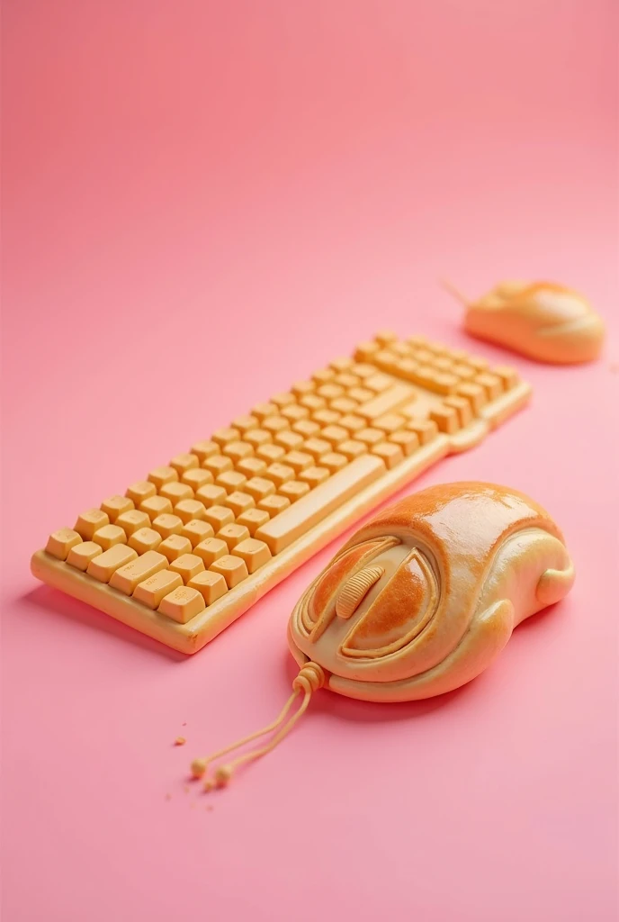 Mouse and keyboard, made of puff pastry, pink back ground 