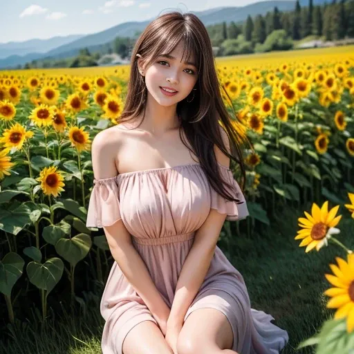 laughing out loud，(knee shot) ，In a field of sunflower flowers，Wear a chiffon dress，elegant，Fresh and unearthly，off shoulder dress，Pink dress, Elegant，1 female, On the face, light brown hair, blunt bangs, hair behind ears, Shoulder-length hair, long hair, ...