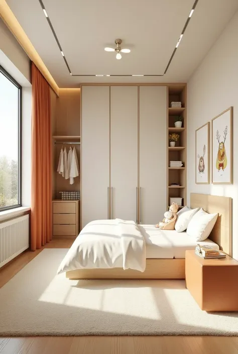 Professional 3d architecture rendering design of modern and   light moss and  so light Thunder and light orange and  cream and wooden   Modern and minimal  design for chid  bedroom  and light  cream   carpet  with animals painting and white painting wall a...