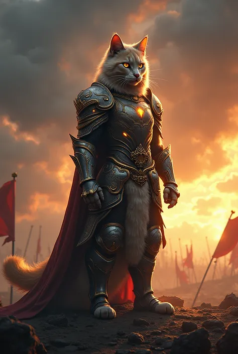 Picture a majestic cat standing defiantly on a battle-scarred battlefield. The cat, adorned in intricately designed armor with gleaming gold and silver accents, exudes a regal and battle-ready aura. Its eyes are sharp and determined, reflecting the fiery o...