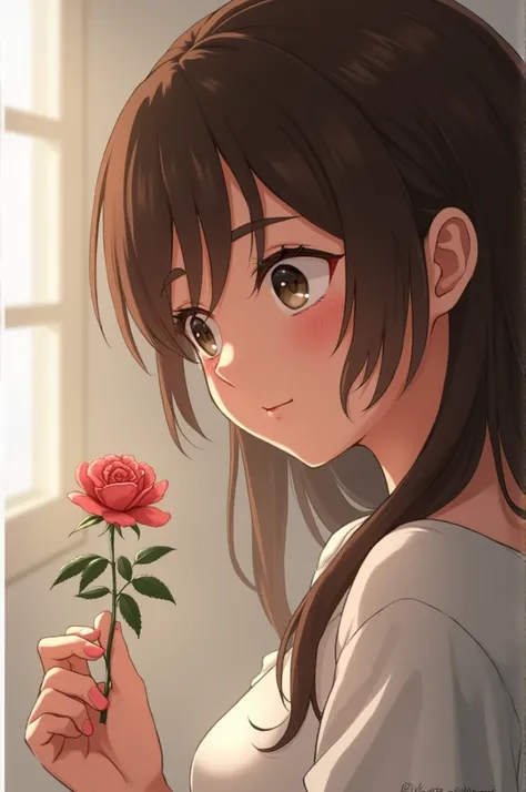 Brunette girl looking at a rose she is taking with 2 fingers, and have a confused expression 