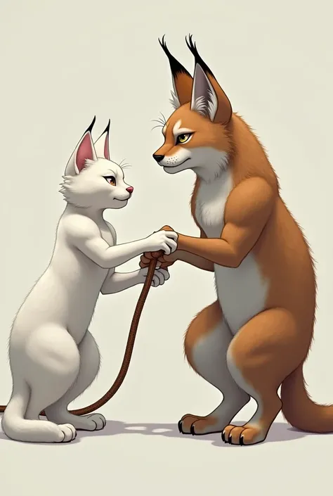 A female anthropomorphic white cat pulling on a leash attached to a male anthropomorphic Lynx 