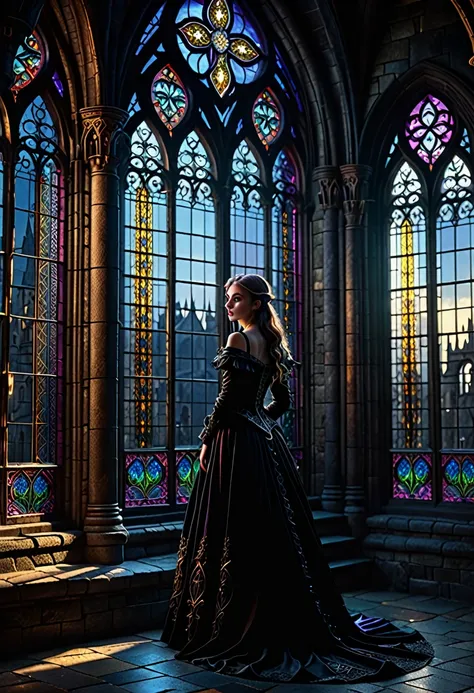 1girl, fantasy medieval castle, dark fairytale, demonic fairy, dark magic, ornate gothic architecture, ornate stained glass windows, magical moonlight, dramatic chiaroscuro lighting, moody color palette, deep shadows, detailed intricate textures, (best qua...