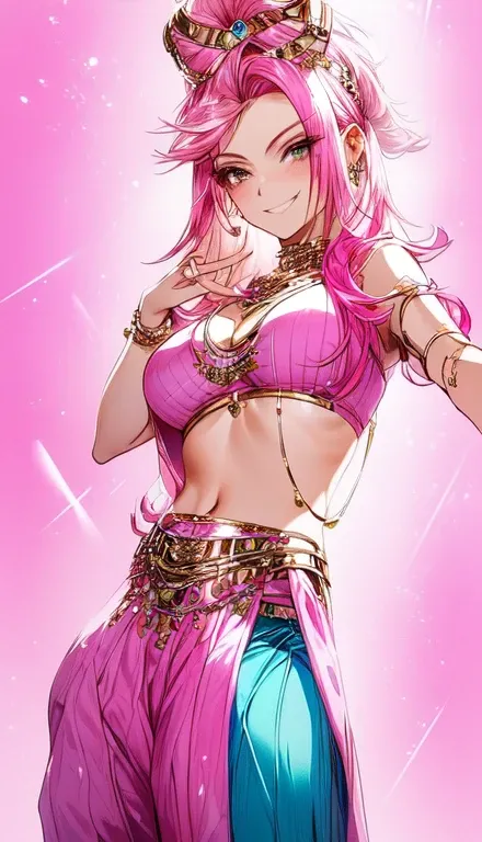 A smug narcissistic pink haired woman wearing a pink bra and blue pants and lots of jewelry flaunting herself 