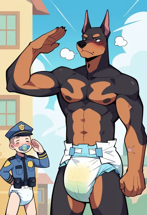 1 person、(((Male doberman with a dirty baby diaper)))、(middle aged)、Stubble、Furry、masterpiece、Highest quality、Sucking a pacifier、salute、Topless、bib、stuffed toy、Scars all over the body、Fairy tale、Proud face、blush、steam、Police officers hat、Dirty diaper、In to...