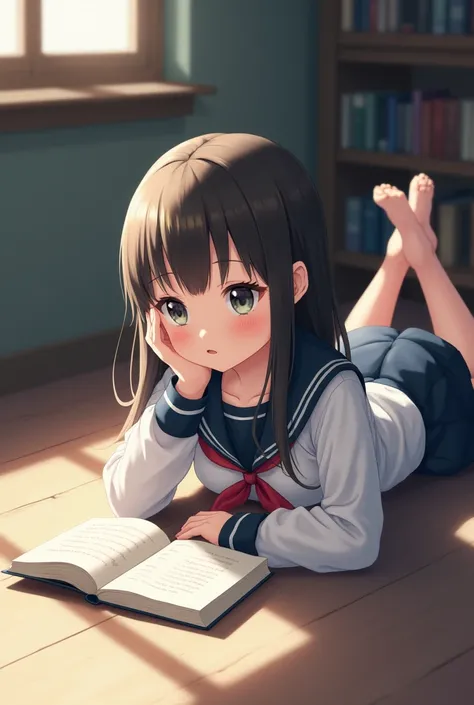 schoolgirl lying in floor with a book