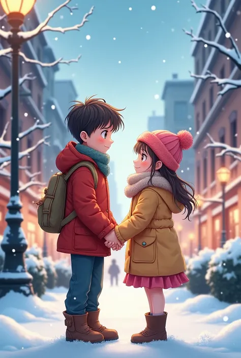 Picture of a boy and a girl holding hands, anime, 12 year old boy, different colors, winter clothes, city 

