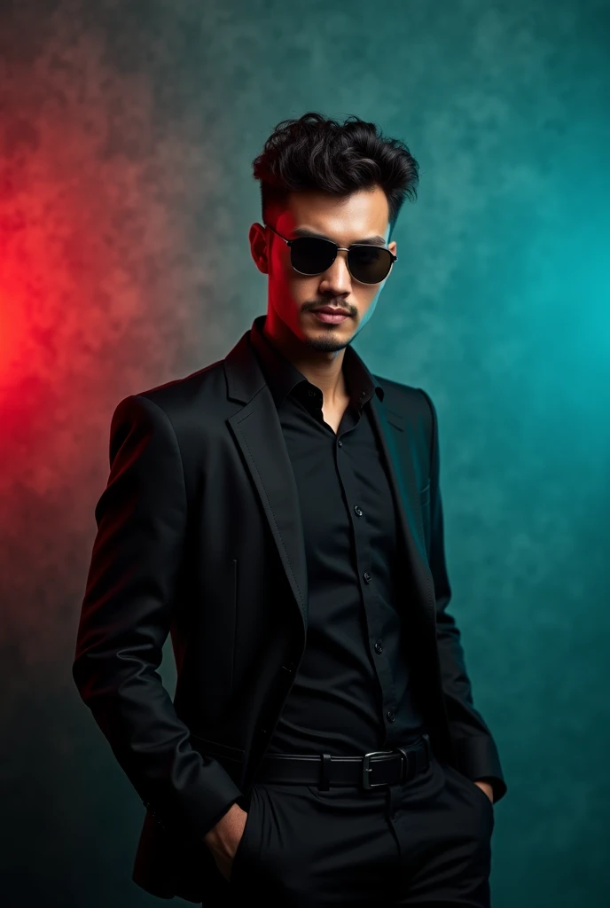 A young man with short dark curly hair and a confident look.he is dressed in a black blazer over a black  shirt with a black sunglasses.the men is positioned against aqua colour black drop with a subtile red lighting on the left side and he positioning for...