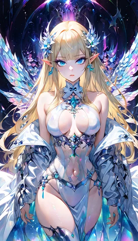 fantasy world that combines flower-punk and gem-punk, beauty elf, blonde silky straight hair with blunt bang, (attractive and se...