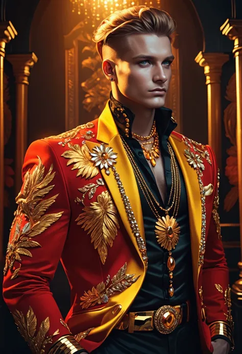 (Inspired by: Tomasz Jedruszko), A man wearing flashy gold jewelry, flamboyant clothing, detailed fashion, dramatic pose, dynamic lighting, hyper-realistic, cinematic, striking colors, vibrant, moody, high contrast