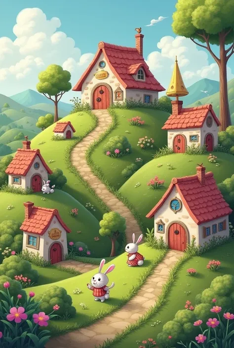 Bunny village, houses with many doors everywhere and many hills